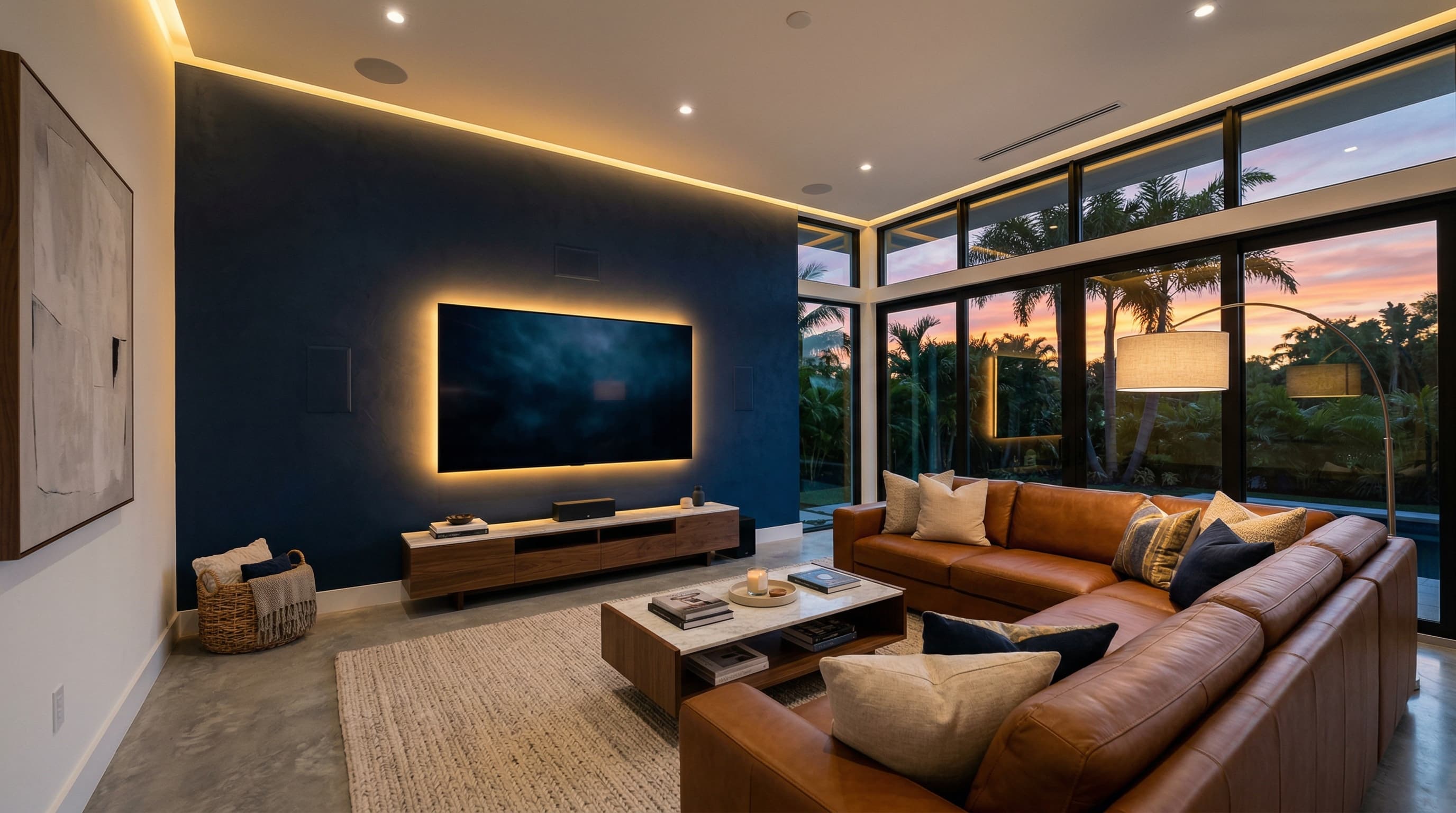 Modern Orlando living room with professional home theater installation featuring wall-mounted TV and ambient lighting